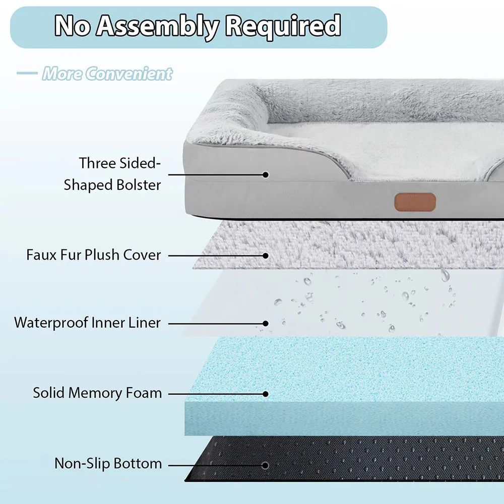 Orthopedic Dog Beds for Extra Large Dogs 44x32Inch, Waterproof Memory Foam XL Pet Bed with Sides, Non-Slip and Egg-Crate Foam Big Dog Couch Bed with Washable Removable Cover, Grey