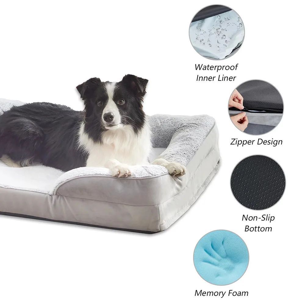 Orthopedic Dog Beds for Extra Large Dogs 44x32Inch, Waterproof Memory Foam XL Pet Bed with Sides, Non-Slip and Egg-Crate Foam Big Dog Couch Bed with Washable Removable Cover, Grey