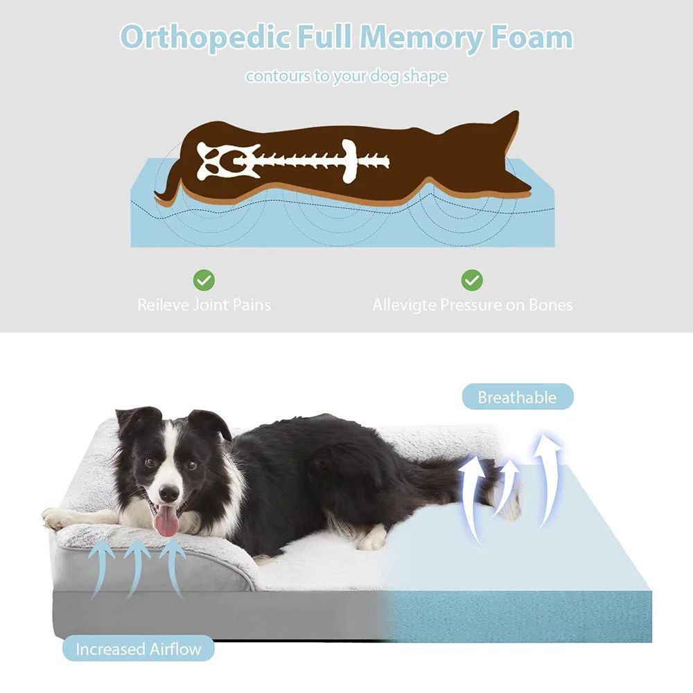 Orthopedic Dog Beds for Extra Large Dogs 44x32Inch, Waterproof Memory Foam XL Pet Bed with Sides, Non-Slip and Egg-Crate Foam Big Dog Couch Bed with Washable Removable Cover, Grey