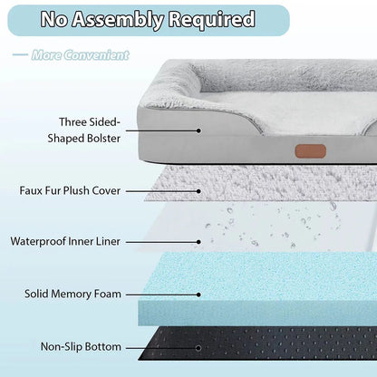 Orthopedic Dog Beds for Extra Large Dogs 44x32Inch, Waterproof Memory Foam XL Pet Bed with Sides, Non-Slip and Egg-Crate Foam Big Dog Couch Bed with Washable Removable Cover, Grey